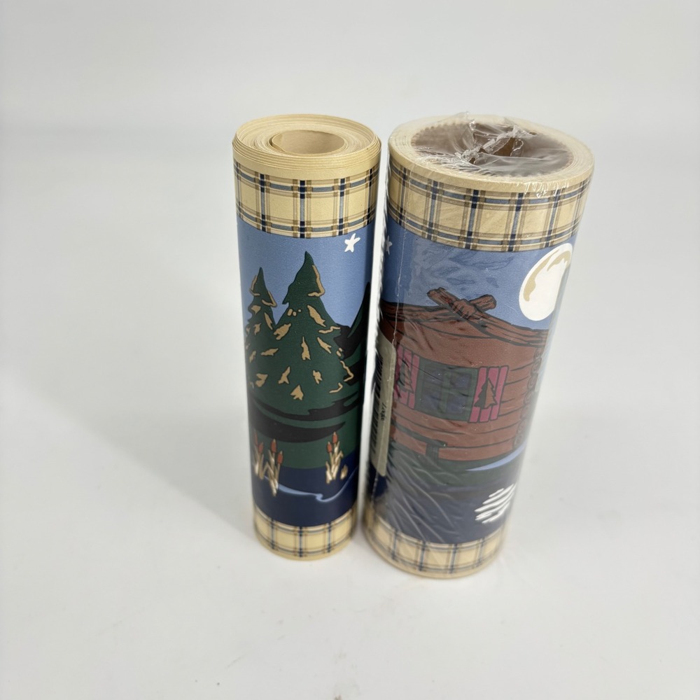 Jubilee Lodge Wall Border Prepasted Canoe Cabin Lake Pine Tree Plaid 1.5‎ rolls